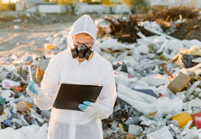 Researcher looking at plastic landfill analyzing environmental pollution level